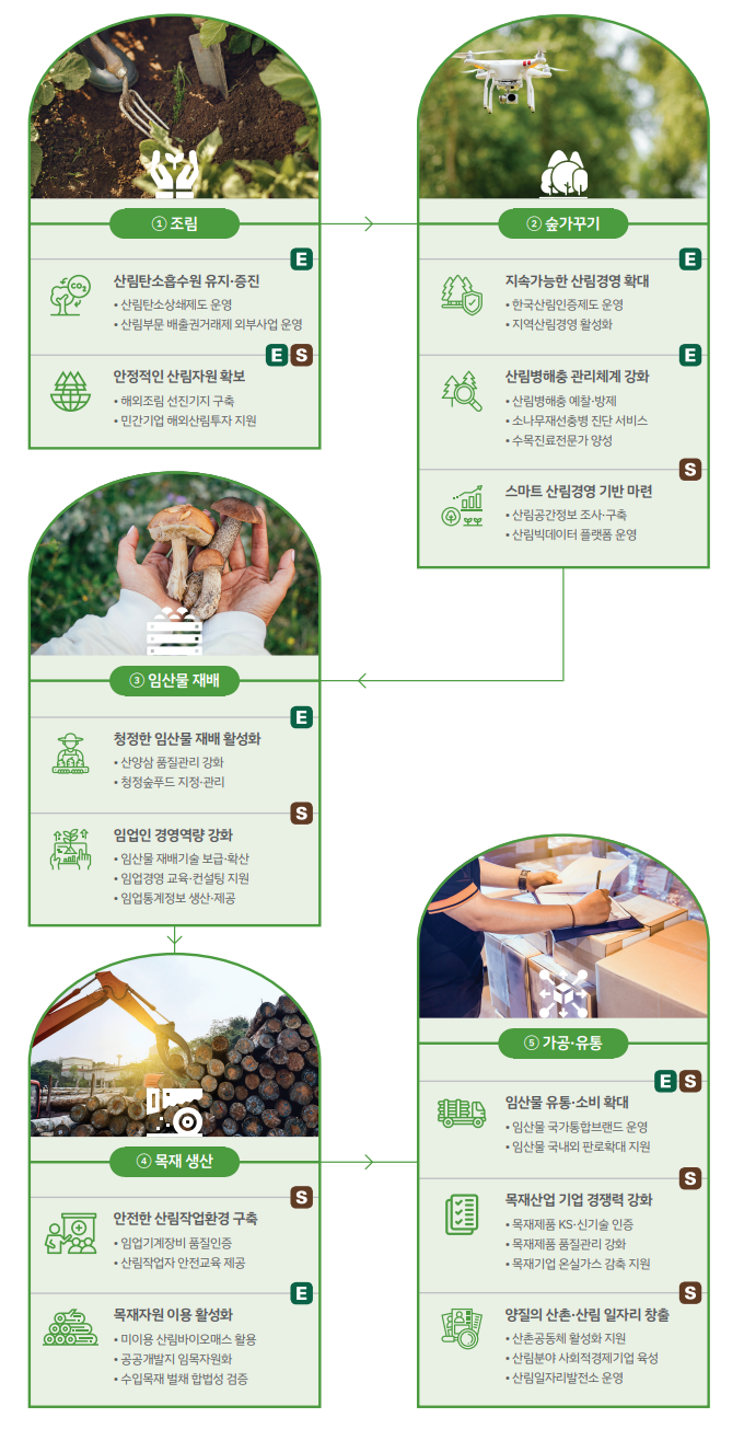 1.조림-산림탄소흡수원 유지.증진:산림탄소상쇄제도 운영, 산림부문 배출권거래제 외부사업 운영/안정적인 산림자원 확보:해외조림 선진기지 구축, 민간기업 해외산림투자 지원 2.숲가꾸기-지속가능한 산림경영 확대:한국산림인증제도 운영, 지역산림경영 활성화/산림병해충 관리체계 강화:산림병해충병 예찰.방제, 소나무재선충병 진단서비스, 수목진료전문가 양성/스마트 산심경영 기반 마련:산림공간정보 조사,구축, 산림빅데이터 플랫폼 운영 3.임산물 재배-청정한 임산물 재배 활성화:산양삼 품질관리 강화, 청정숲푸드 지정.관리/임업인 경영역량 강화:임산물 재배기술 보급.확산, 임업경영 교육.컨설팅 지원, 임업통계정보 생산.제공 4.목재 생산-안전한 산림작업환경 구축:임업기계장비 품질인증, 산림작업자 안전교육 제공/목재자원 이용 활성화:미이용 산림바이오매스 활용, 공공개발지 임목자원화, 수입목재 벌채 합법성 검증 5.가공.유통-임산물 유통.소비 확대:임산물 국가통합브랜드 운영, 임산물 국내외 판로확대 지원/목재산업 기업 경쟁력 강화:목재재품 KS.신기술 인증, 목재제품 품질관리 강화, 목재기업 온실가스 감축 지원/양질의 산촌.산림 일자리 창출:산촌공동체 활성화 지원, 산림분야 사회적경제기업 육성, 산림일자리발전소 운영