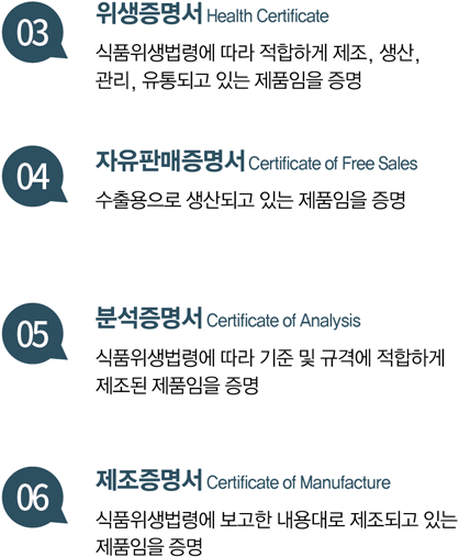 식품의약품안전처:03.위생증명서 Health Certificate 식품위생법령에 따라 적합하게 제조, 생산, 관리, 유통되고 있는 제품임을 증명. 04.자유판매증명서 Certificate of Free Sales 수출용으로 생산되고 있는 제품임을 증명 05.분석증명서 Certificate of Analysis 식품위생법령에 따라 기준 및 규격에 적합하게 제조된 제품임을 증명 06.제조증명서 Certificate of Manufacture 식품위생법령에 보고한 내용대로 제조되고 있는 제품임을 증명