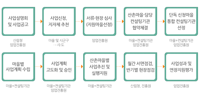 1. 사업설명회 및 사업공고-산림청 임업진흥원 2. 사업신청, 지자체 추천-마을 및 시군구→시·도 3. 서류·현장 심사(지원마을선정)-임업진흥원 4. 산촌마을·담당컨설팅기관 협약체결-마을+컨설팅기관 임업진흥원 5. 단독 신청마을 통합 컨설팅기관 신청-마을+컨설팅기관 임업진흥원 6. 마을별 사업계획 수립-마을+컨설팅기관 7. 사업계획 고도화 및 승인-마을+컨설팅기관 임업진흥원 8. 산촌마을별 사업추진 및 실행지원-마을+컨설팅기관 9. 월간 서면점검, 반기별 현장점검-산림청,진흥원 10. 사업성과 및 연장지원평가-임업진흥원