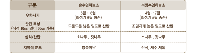 솔수염 하늘소 우화시기 5~8월 최성기 6월 하순 산란특성 드문드문 낮은 밀도로 산란 섭식/산란 : 소나무, 잣나무 지역적분포 충북이남, 북방수염하늘소 우화시기 4~7월 최성기 5월 중순 산란특성 조밀하게 높은 밀도로 산란 섭식/산란 : 소나무, 잣나무 지역적 분포 전국, 제주제외