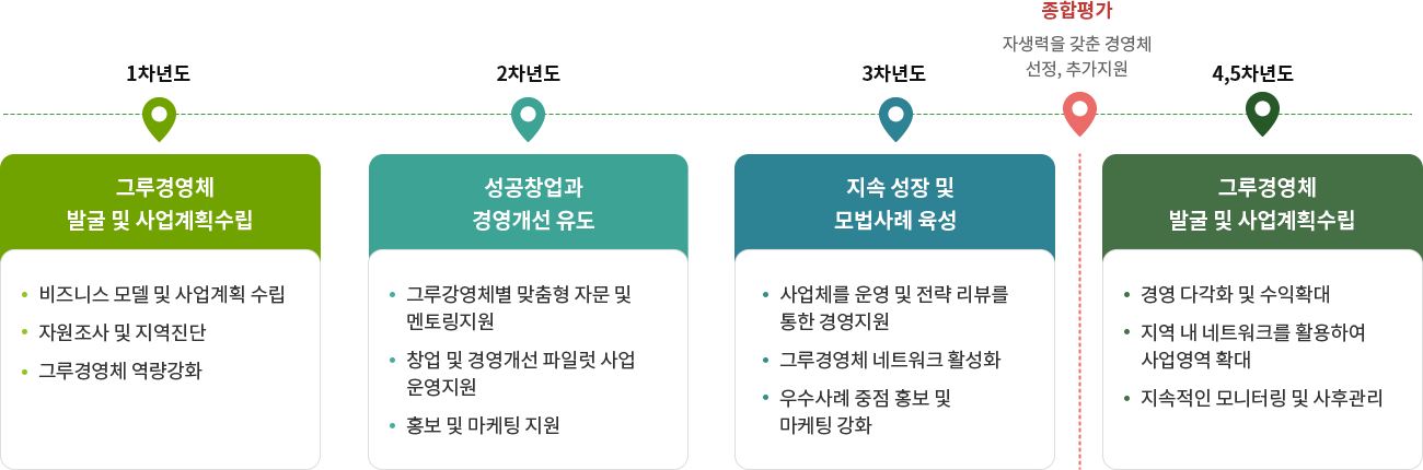 1차년도 : 그루경영체 발굴 및 사업계획수립(비즈니스 모델 및 사업계획수립,자원조사 및 지역진단,그루경영체 역량강화), 2차년도 : 성공창업과 경영개선 유도(그루경영체별 맞춤형 자문 및 멘토링지원,창업 및 경영개선 파일럿 사업 운영지원,홍보 및 마케팅 지원), 3차년도 : 안정적 성장기반 구축(사업체 운영 진단을 통한 경영지원,그루경영체 네트워크 활성화, 우수사례 중점 홍보 및 마케팅 강화 / 종합평가:자생력을 갖춘 경영체 선정 추가지원 / 4,5차년도 : 지속성장 및 모범사례 육성 : 경영 다각화 및 수익확대 지역내 네트워크를 활용하여 사업영역 확대,지속적인 모니터링 및 사후관리)