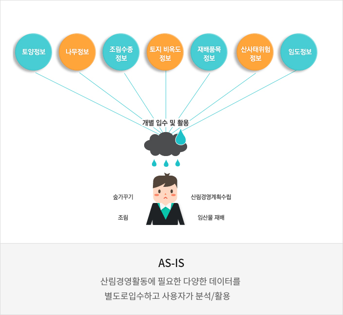 AS-IS : 산림 경영활동에 필요한 다양한 데이터를 별도로 입수하고 사용자가 분석/활용.  산림입지토양도, 임상도, 맞춤형조림지도, 임지생산 능력급수도, 단기임산물 재배적지도 를 개별 산림주제도 신청, 입수 활용하여, 숲가꾸마, 조림, 산림경영계획수림 임산물재배 등에 활용